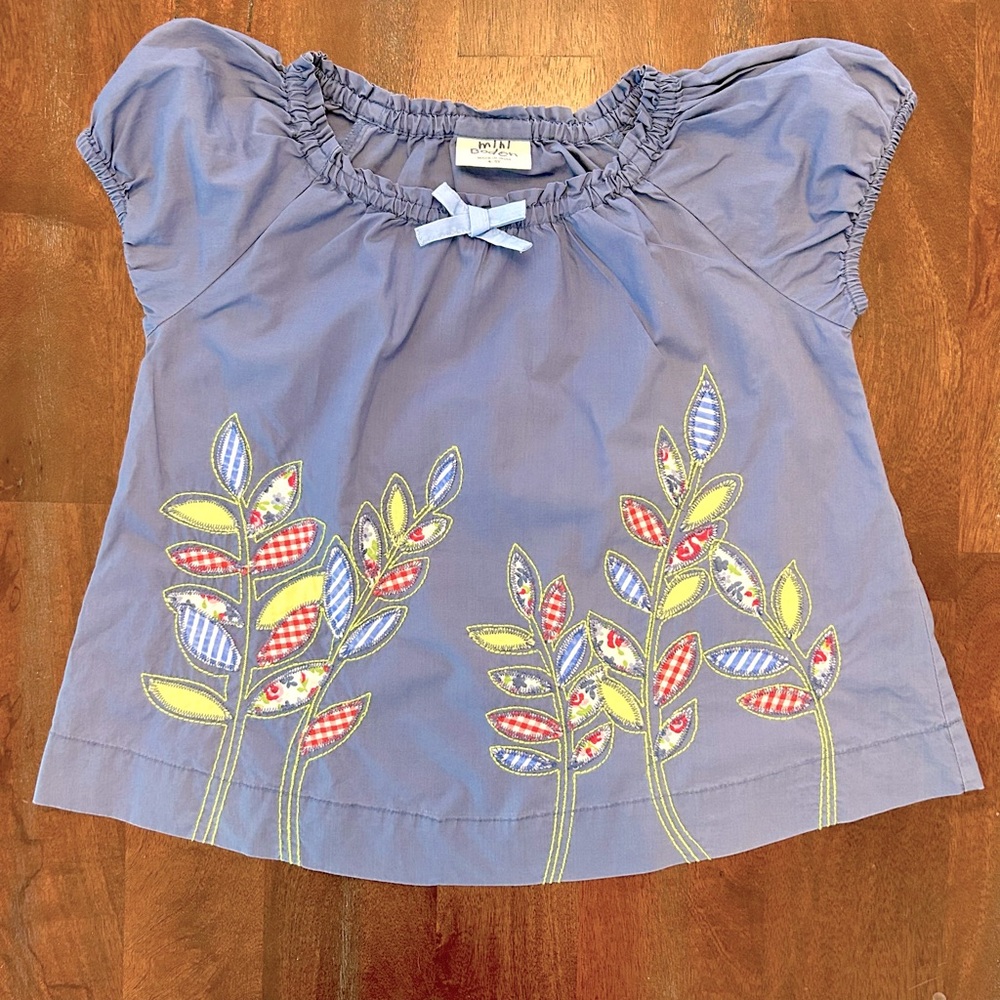 Mini Boden Little Girls, Blue, Puff Sleeves Top, Gingham embroidery, size 4-5